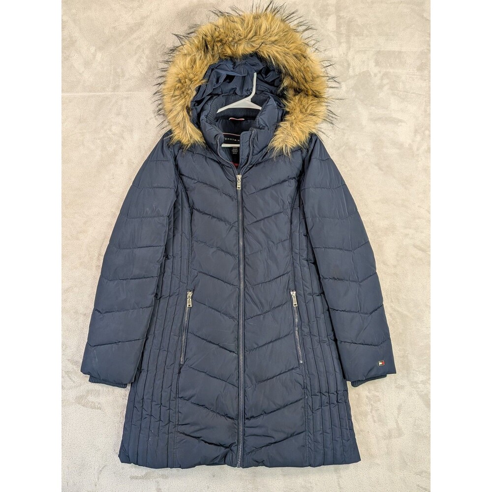 Tommy Hilfiger Women's Navy Blue Quilted Puffer Coat Faux Fur Hood Size S/P